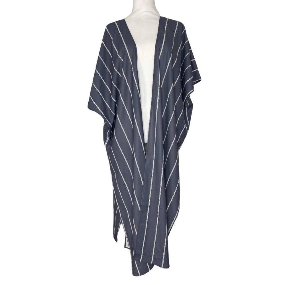Gray White Striped Kimono Cardigan Side Slits Lightweight Dolman Sleeves
